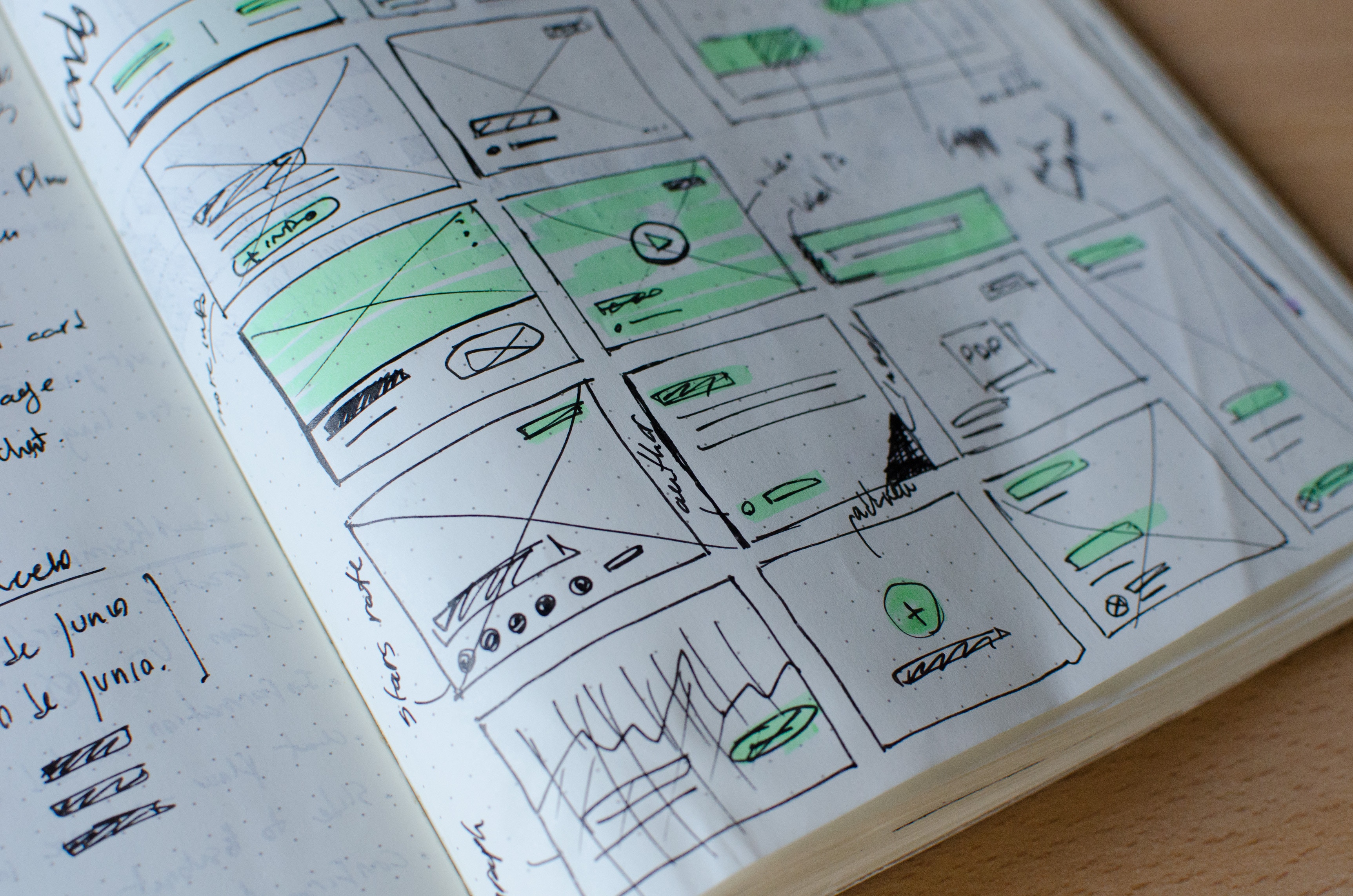 notebook with website sketch designs